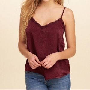 Hollister Burgundy Satin Silky Lace Trim Cami Top